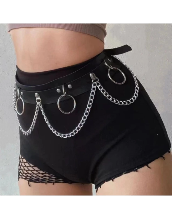 Wossi Metal Halkalı Zincir Detaylı Gotik Harness Kemer
