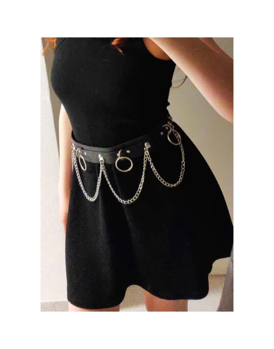 Wossi Metal Halkalı Zincir Detaylı Gotik Harness Kemer