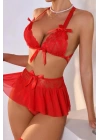 Fantazi Kırmızı Dantelli Fiyonklu Seksi Babydol  BC9240