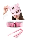 Fantezi Deri Seksi Pembe Kedi Maske Kelepçe Kırbaç Seti ( 3lü set) BC5368