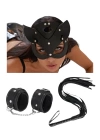 Fantezi Deri Seksi Siyah Kedi Maske Kelepçe Kırbaç Seti ( 3lü set) BC5369