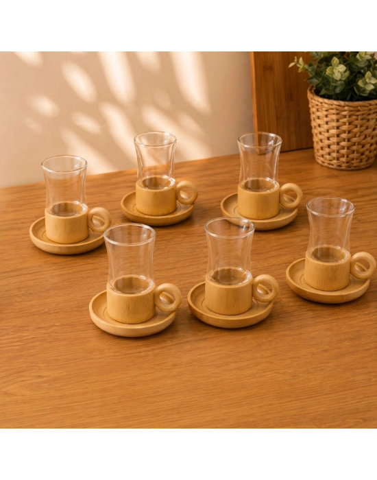 12 Parça Çay Seti - Bambu Bardak Altığı - Çift Cidarlı Cam - 150 ml