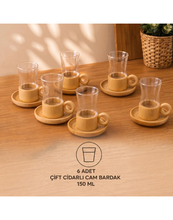 12 Parça Çay Seti - Bambu Bardak Altığı - Çift Cidarlı Cam - 150 ml