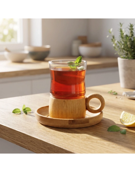 12 Parça Çay Seti - Bambu Bardak Altığı - Çift Cidarlı Cam - 150 ml