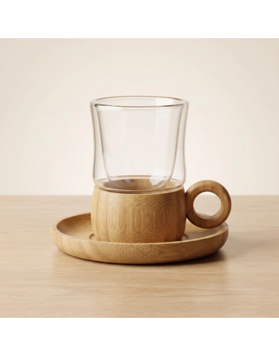 12 Parça Çay Seti - Bambu Bardak Altığı - Çift Cidarlı Cam - 150 ml