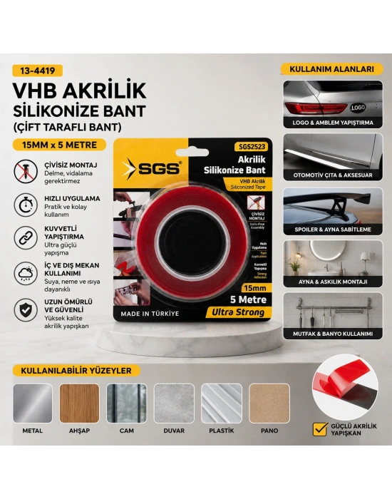 15MMX5YRD Vhb Akrilik Silikonize Bant Çift Taraflı Bant