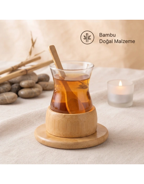 18 Parça Bambu Çay Seti - 6 Çay Bardağı - Borosilikat Cam