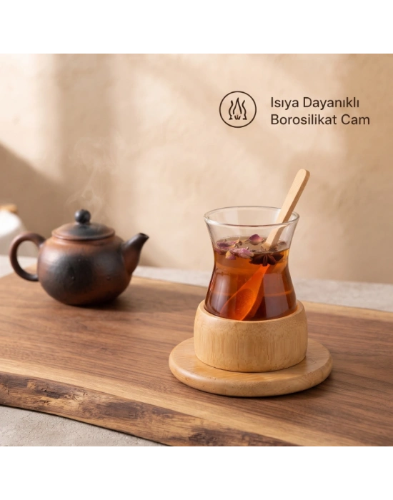 18 Parça Bambu Çay Seti - 6 Çay Bardağı - Borosilikat Cam