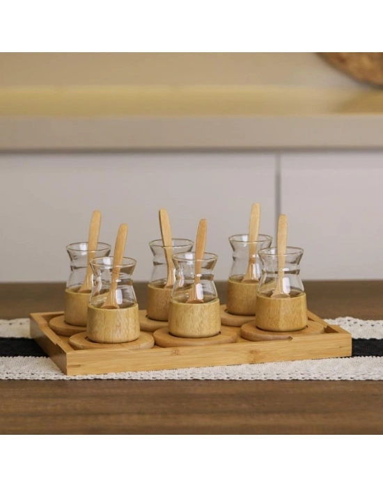 18 Parça Bambu Çay Seti - 6 Çay Bardağı - Borosilikat Cam