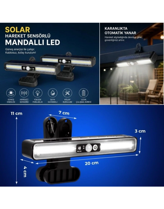 2li Mandallı LED Solar Lamba - 36 LED - Hareket Sensörlü - 3 Modlu