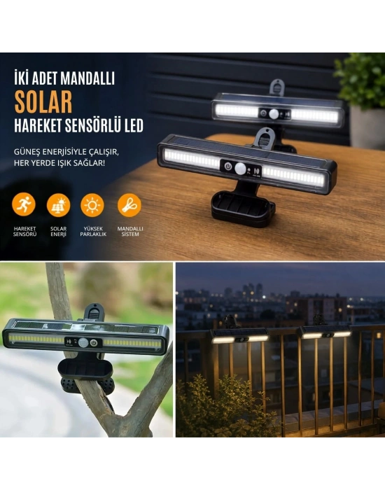 2li Mandallı LED Solar Lamba - 36 LED - Hareket Sensörlü - 3 Modlu