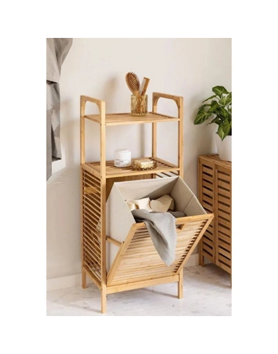 2 Organizer Raflı Ahşap Bambu Çek-Aç Kirli Sepeti