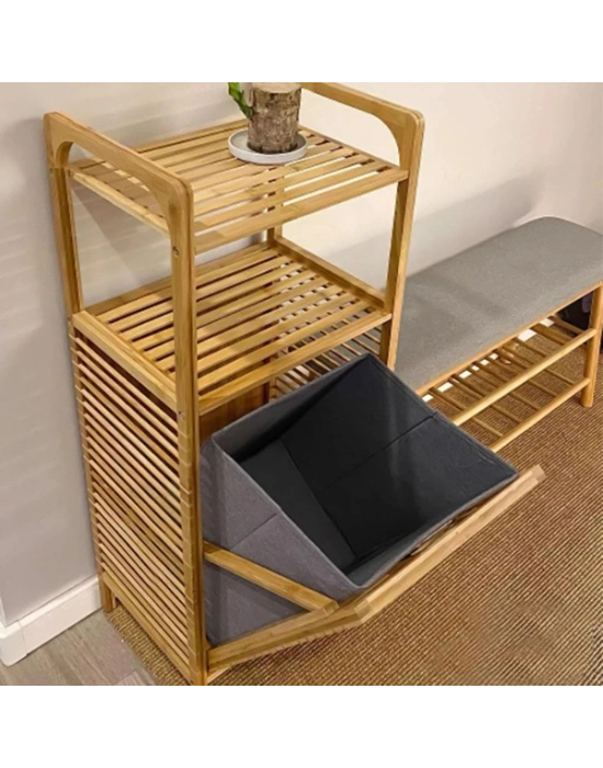 2 Organizer Raflı Ahşap Bambu Çek-Aç Kirli Sepeti
