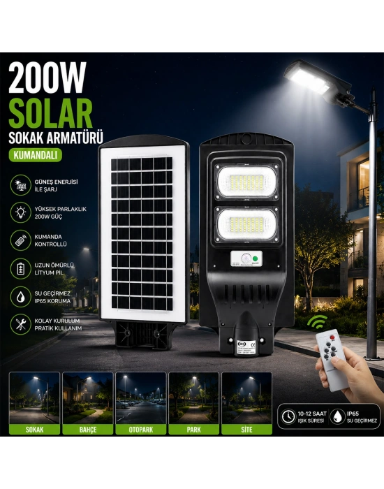 200W 6500K Solar Sokak Lambası Sensörlü Kumandalı