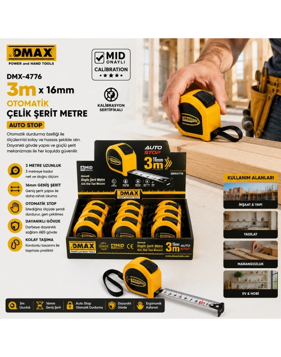 3 m Çelik Şerit Metre 16 mm Otomatik Stoplu