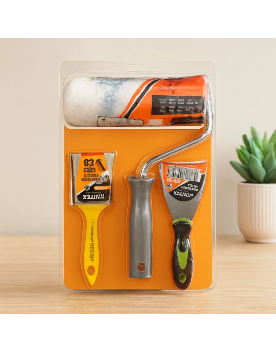 3 Parça Boyacı Seti - Spatula, Kestirme Fırça, 20 cm Boya Rulo