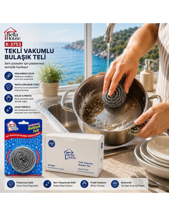 36 Adet Vakumlu Bulaşık Teli Tekli Paslanmaz 15GR