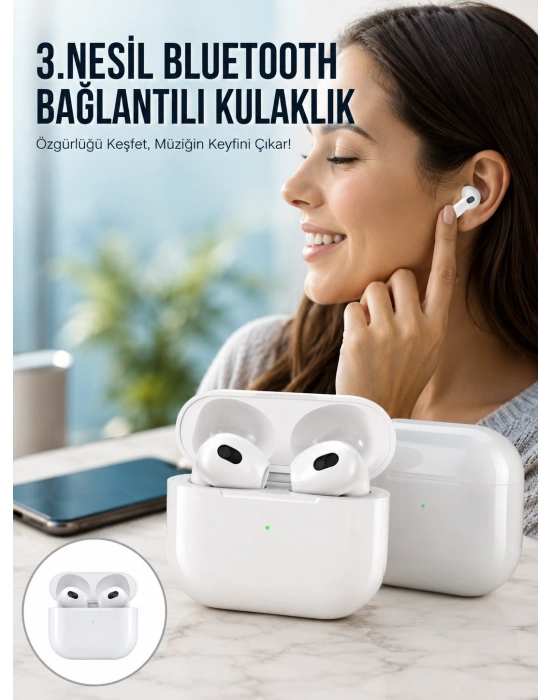 3.Nesil İOS Android Uyumlu Bluetooth 5.0 Beyaz Çağrı Cevaplama Yeni Nesil