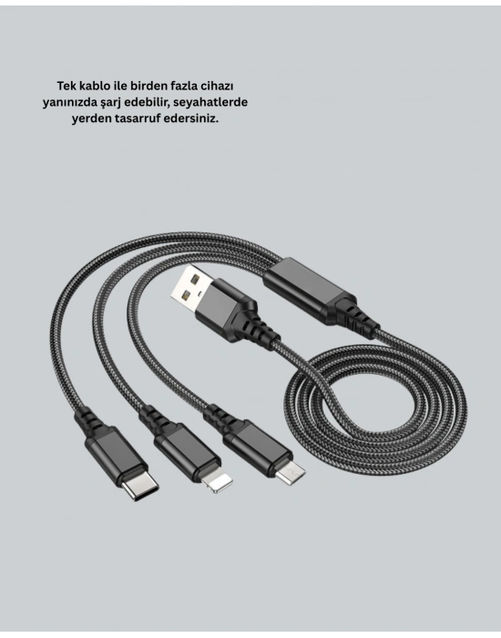 3’ü 1 Arada Hızlı Şarj Kablosu – iOS Android Type-C Uyumlu