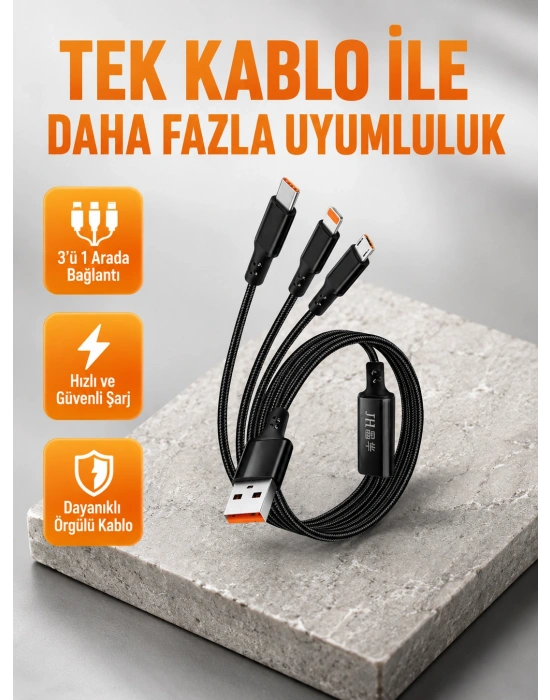 3’ü 1 Arada Şarj Kablosu Type-C iOS Android Uyumlu Hızlı ve Güvenli Şarj
