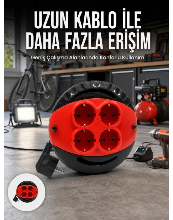 5 Metre Kablolu 4’lü Kırmızı Priz Makara
