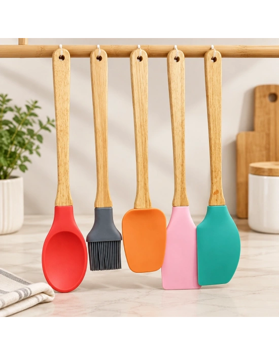 5 Parça Bambu Saplı Silikon Kaşık Seti