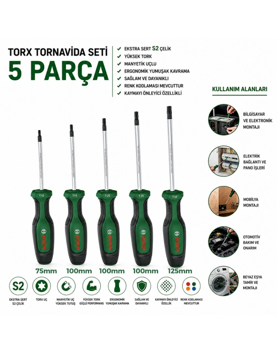 5 Parça Torx Tornavida Seti (TX10-TX30, 75-125 mm)