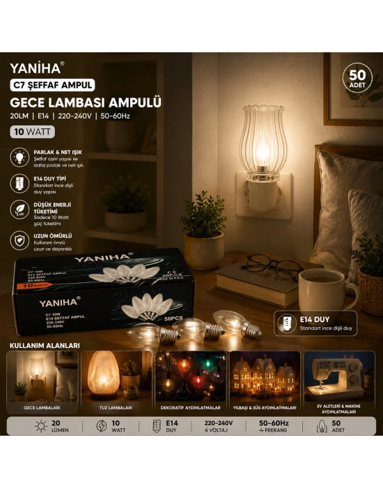 50 Adet Şeffaf Gece Lambası Ampul E14 - 10W C7