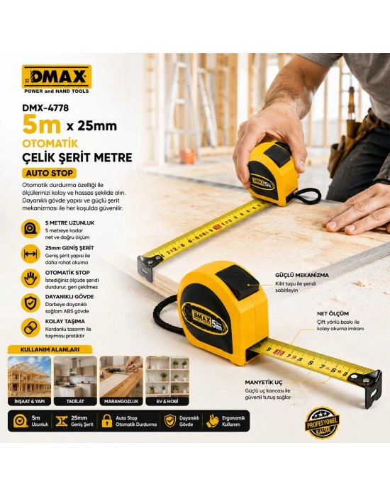 5m x 25mm Otomatik Çelik Şerit Metre (Stoplu)