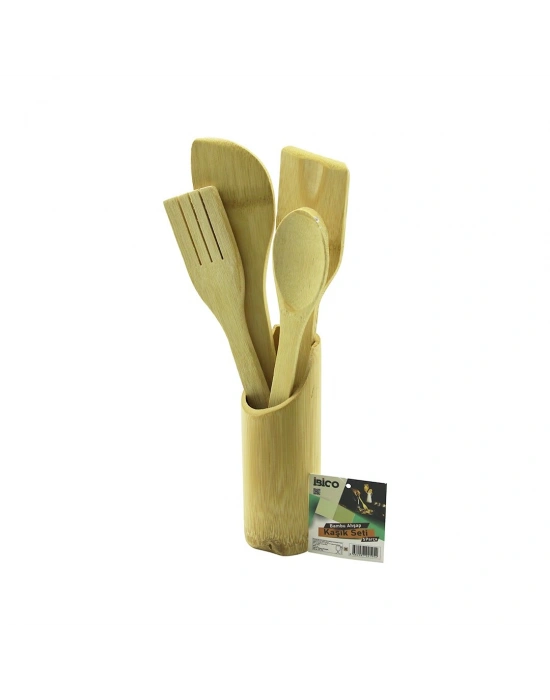 5PCS Ahşap Bambu Mutfak Seti Stand - Kaşık - Çatal - 2 Spatula Fileli