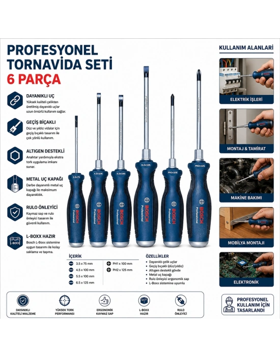 6 Parça Profesyonel Tornavida Seti (PH2 / PH1 / 3.5 / 4.5 / 5.5 / 6.5)