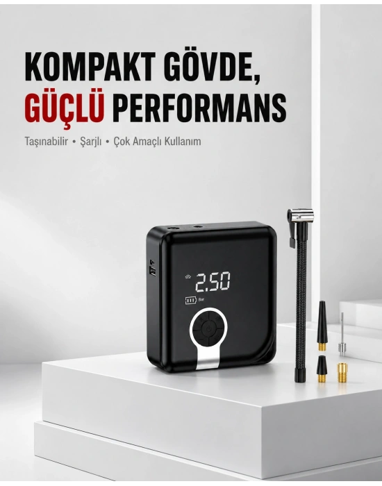 6000mAh Bataryalı Type-C Şarjlı Diyafram Tip Kompresör LED Işıklı