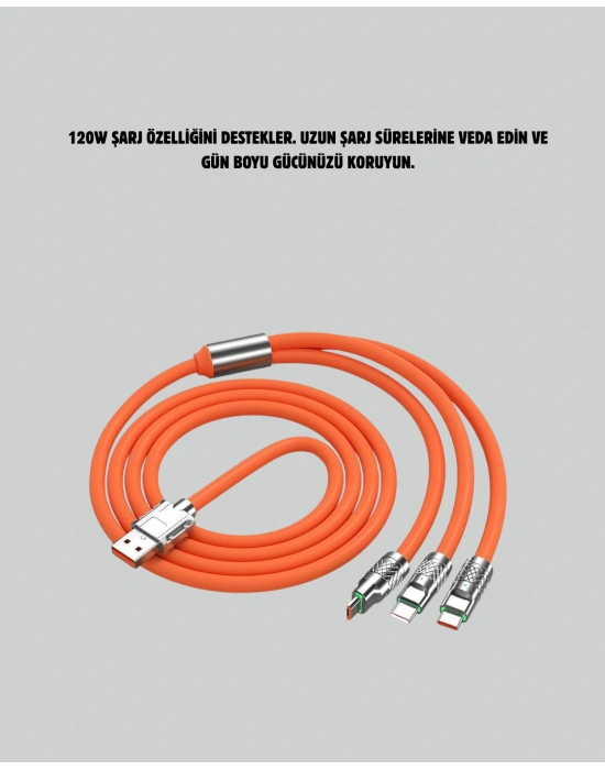 120 W Şarj ve Veri Aktarımı Kablo– 3 Başlıklı Çok Amaçlı Kablo Yüksek Hızlı