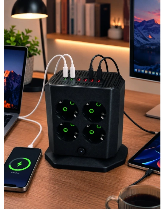 8li Dikey Çoklu Priz 4 USB 2 Type-C Akım Korumalı Anahtarlı Priz