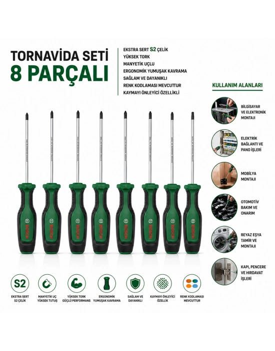 8 Parça Tornavida Seti TX/SL/PZ/PH 100-125 mm