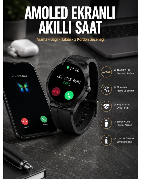 Akıllı Saat Amoled Ekran 3 Kordonlu NFC Ve GPS Uyumlu