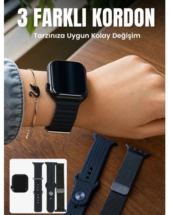 AMOLED Ekranlı Bluetooth Aramalı 3 Kordonlu Akıllı Saat