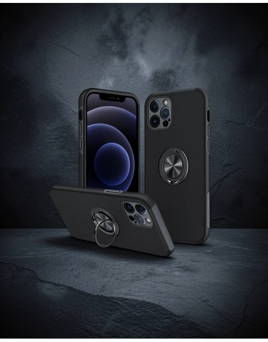 Apple İphone 12 Pro Max Kılıf Elit Yüzüklü Kapak - Siyah