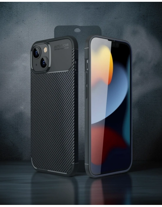 Apple İphone 14 Kılıf Auto Focus Karbon Kapak - Siyah