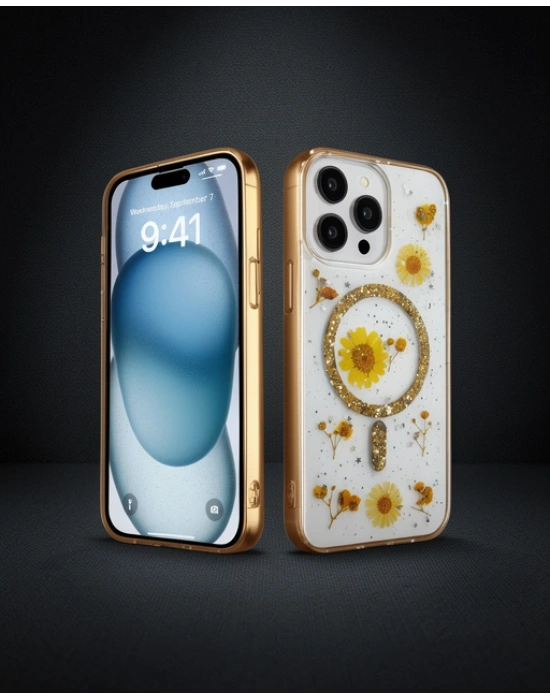 Apple İphone 14 Pro Kılıf Daisy Simli Magsafe Kapak - Gold