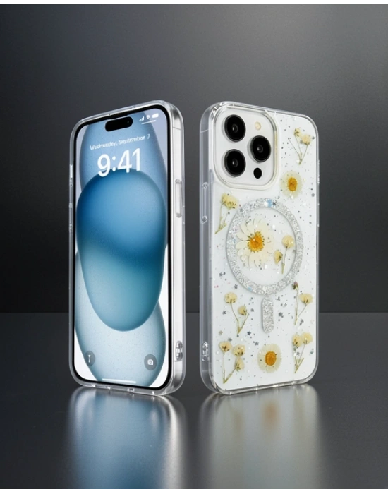 Apple İphone 14 Pro Kılıf Daisy Simli Magsafe Kapak - Gümüş