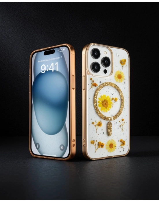 Apple İphone 14 Pro Max Kılıf Daisy Simli Magsafe Kapak - Gold