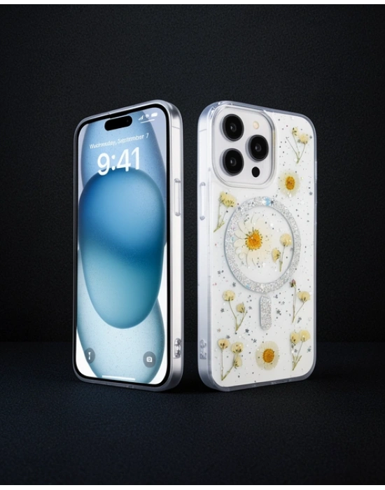 Apple İphone 14 Pro Max Kılıf Daisy Simli Magsafe Kapak - Gümüş