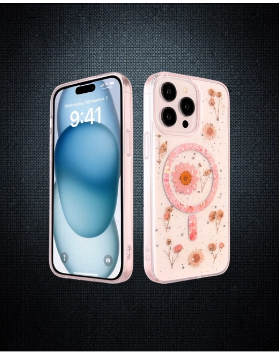 Apple İphone 14 Pro Max Kılıf Daisy Simli Magsafe Kapak - Pembe