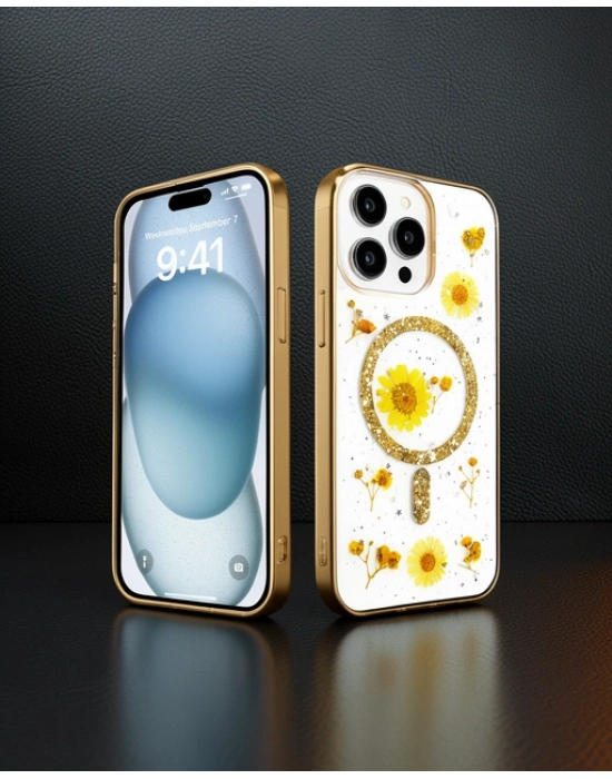 Apple İphone 15 Pro Kılıf Daisy Simli Magsafe Kapak - Gold