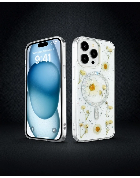 Apple İphone 15 Pro Kılıf Daisy Simli Magsafe Kapak - Gümüş