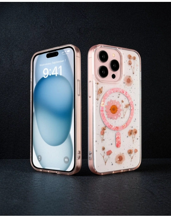 Apple İphone 15 Pro Kılıf Daisy Simli Magsafe Kapak - Pembe