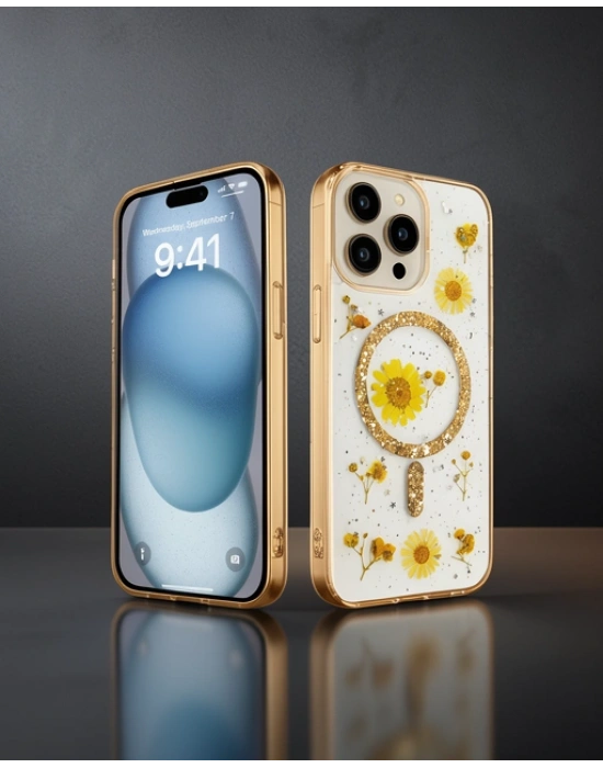Apple İphone 15 Pro Max Kılıf Daisy Simli Magsafe Kapak - Gold