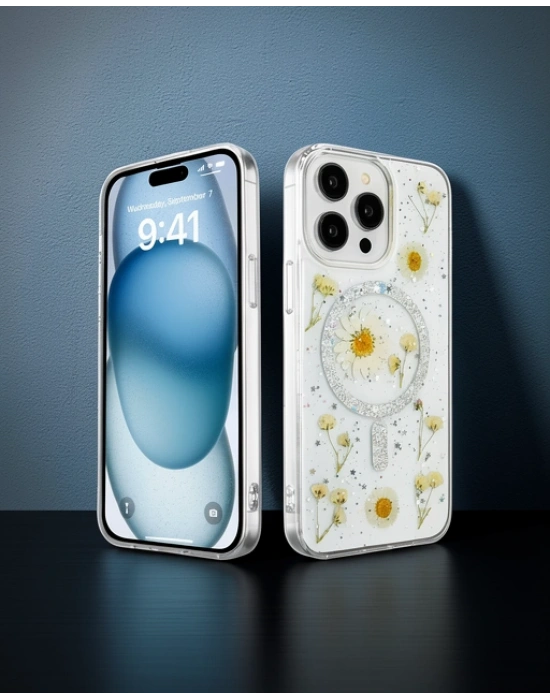 Apple İphone 15 Pro Max Kılıf Daisy Simli Magsafe Kapak - Gümüş