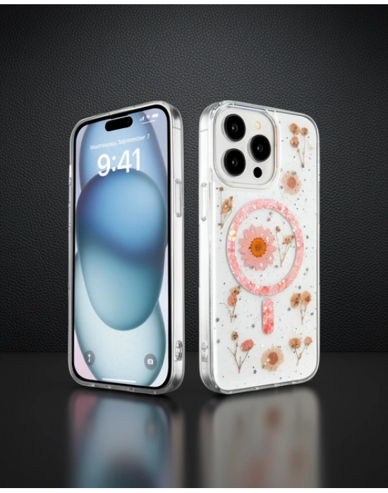 Apple İphone 15 Pro Max Kılıf Daisy Simli Magsafe Kapak - Pembe